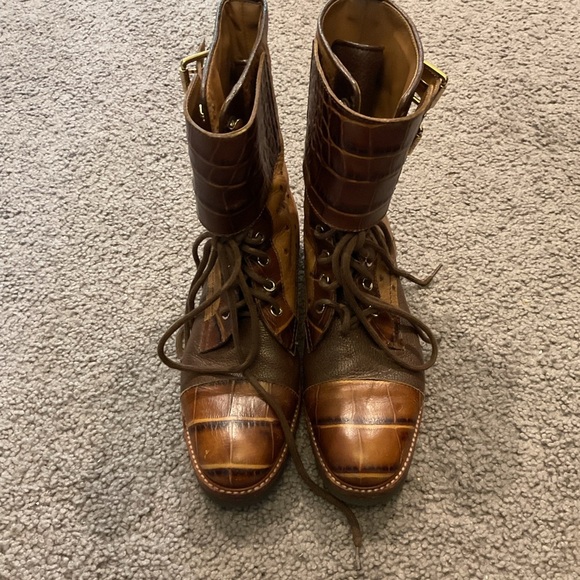 Max Mara Croc Ostrich Leather Cap Toe Lace Up Combat Dress Boots Y2K sz 8.5, NEW - Picture 4 of 7